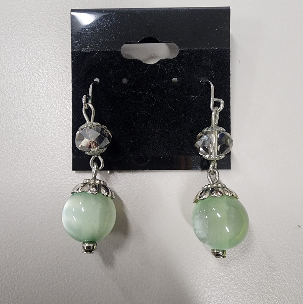 Green Moonglow Sphere Earrings Silver-tone Flower Caps Gray Faceted Bead Artisan